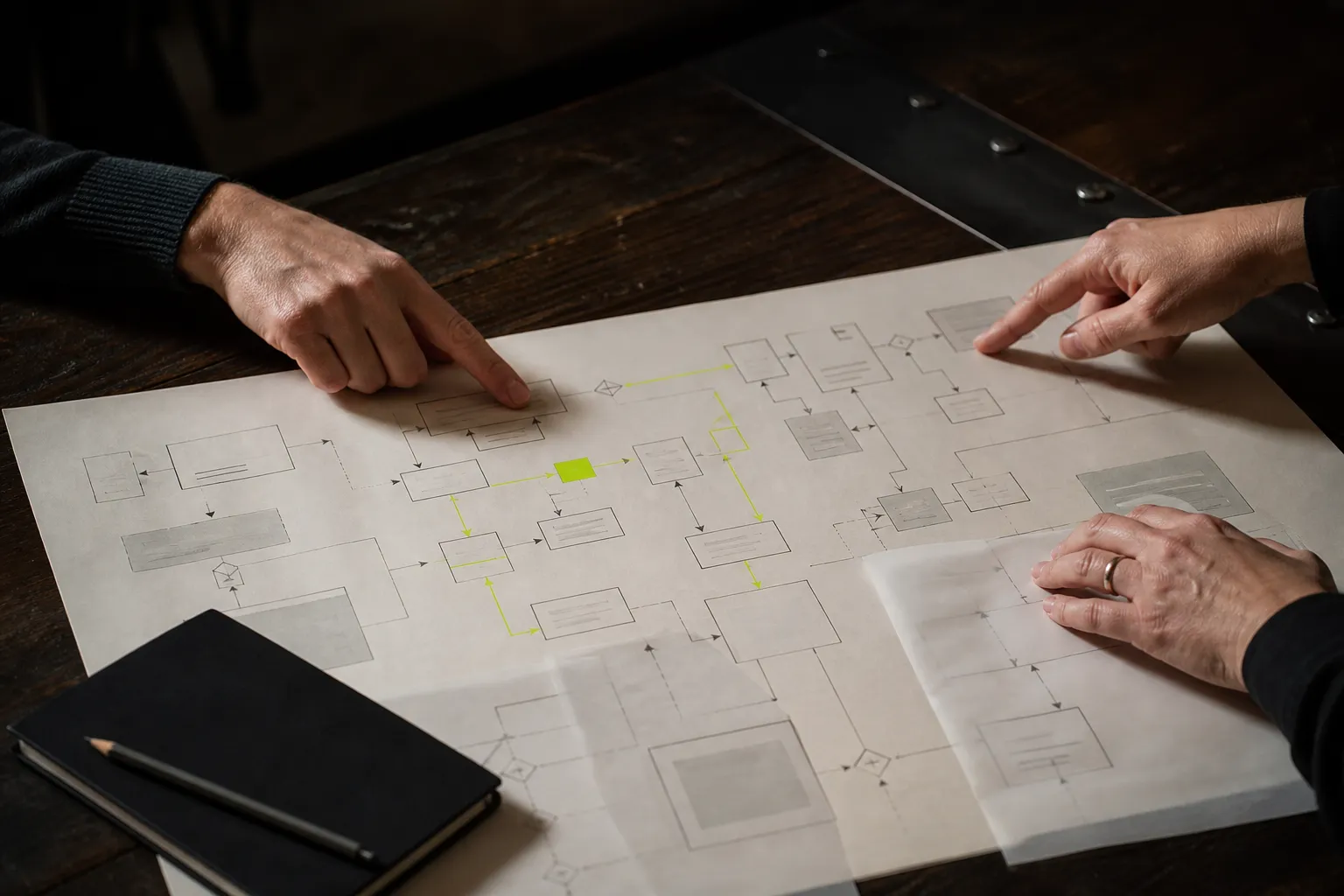 Two people mapping out a software plan together