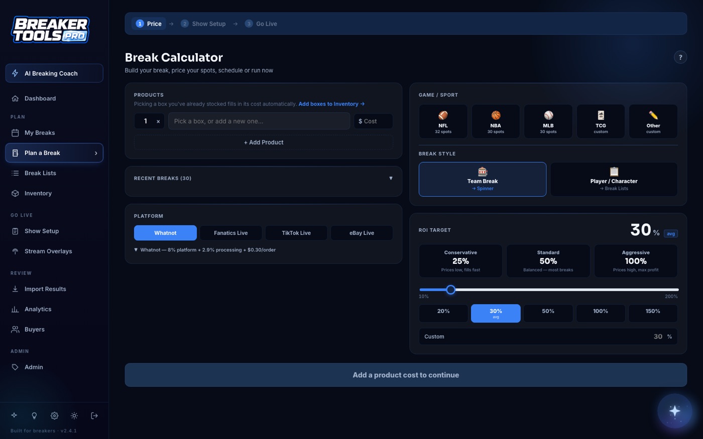 Custom pricing engine showing costs, fees, and return targets