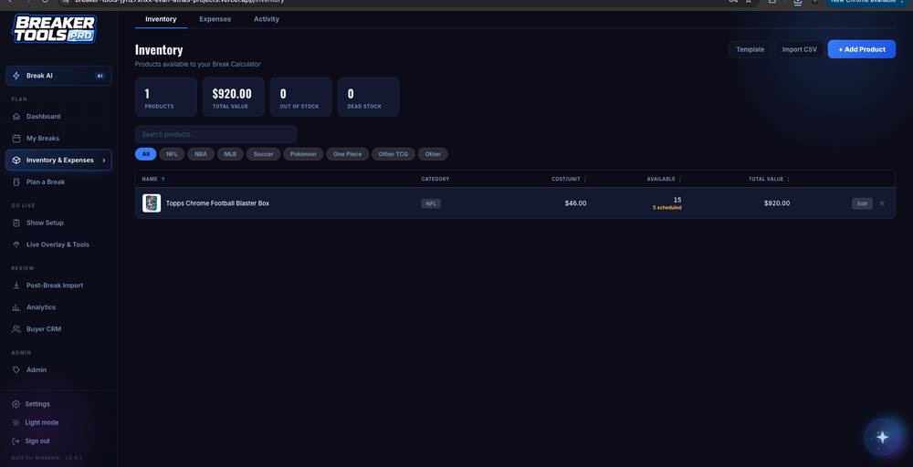 A custom stock screen showing items, sellers, and cost