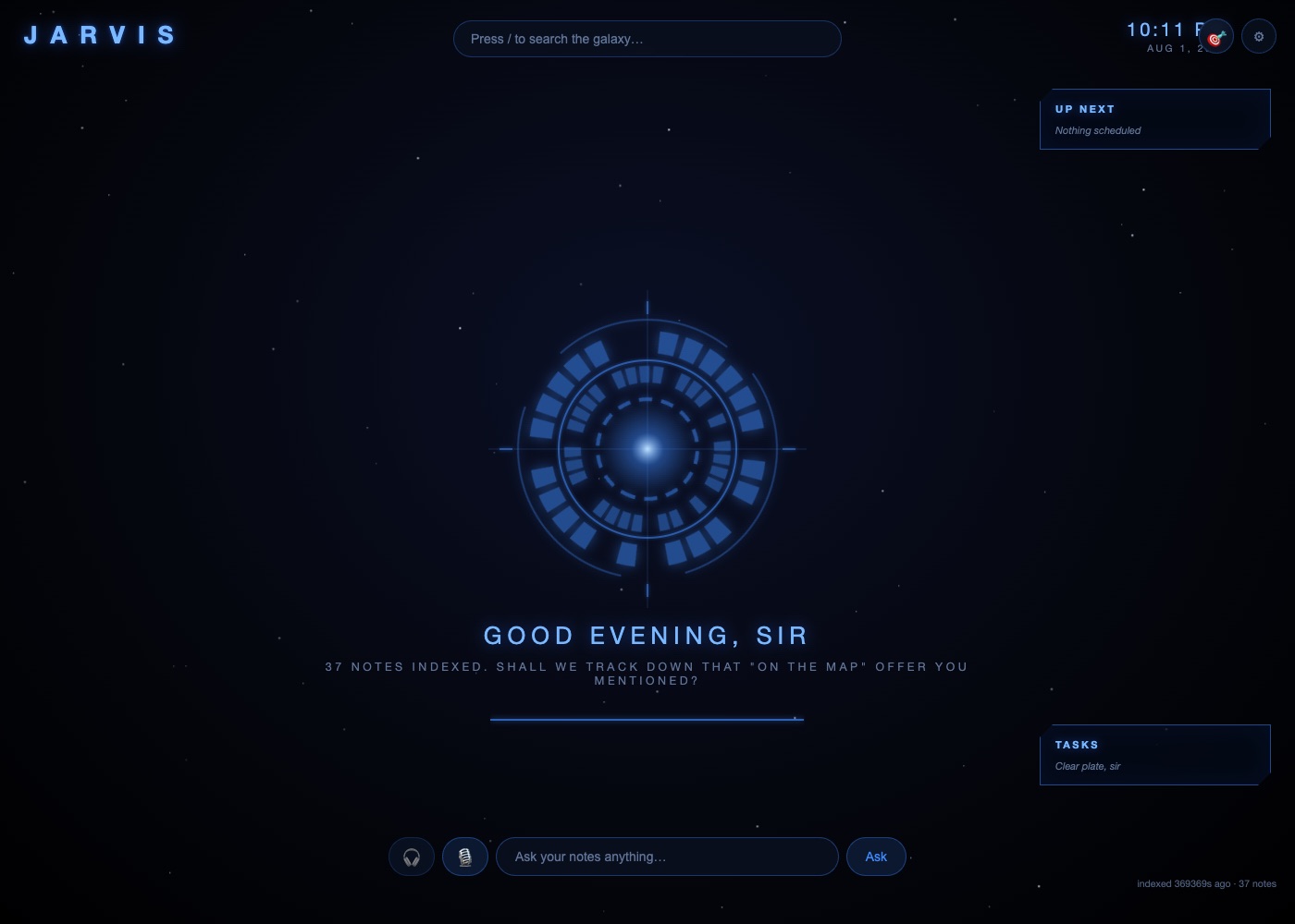 JARVIS home screen showing the indexed notes vault and voice-ready assistant