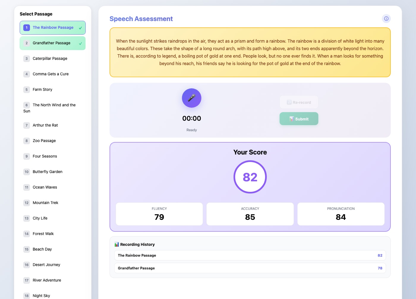 A custom results screen that turns saved audio into clear scores and history